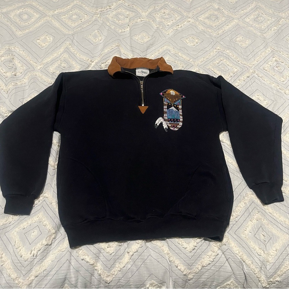 Vintage Artisans SunShine 90s Quarter Zip‎ Native Embroidery Suede Collar L
